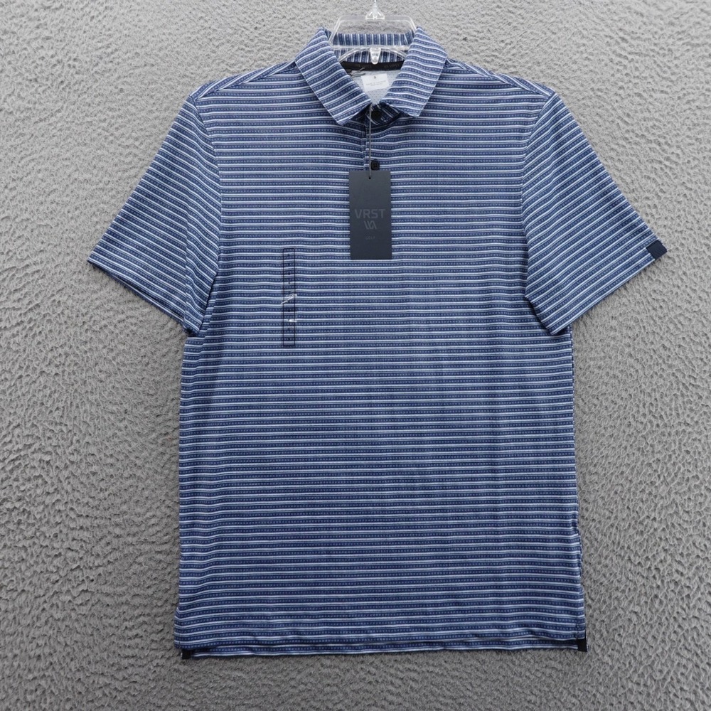 VRST Mens Slub Stripe Polo Shirt Small Blue Golf Moisture Wicking NEW